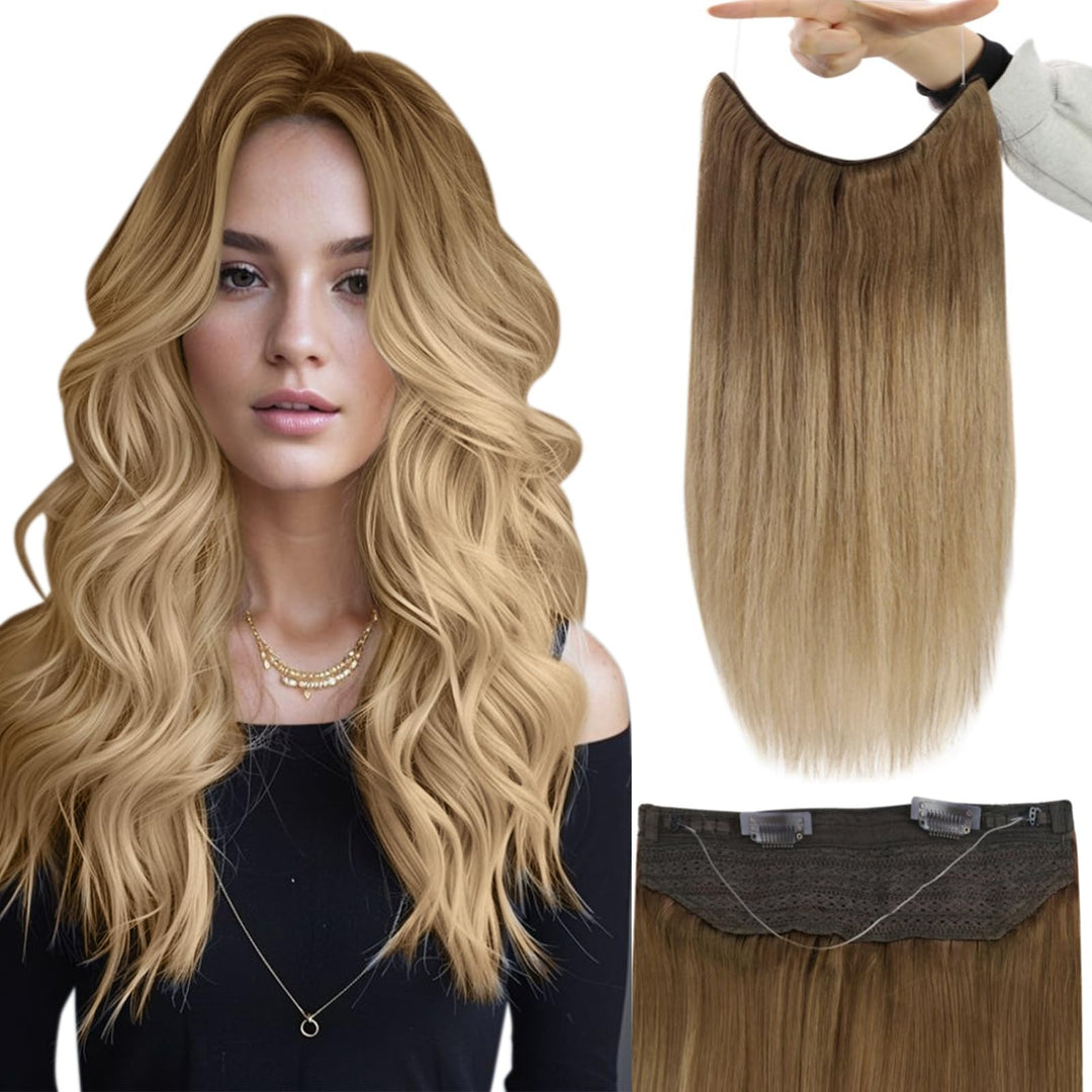 Fshine Invisible Wire Hair Extensions Layered Fish Hair Extensions Real Human Hair With Transparent Line #10/14 Light Brown To G