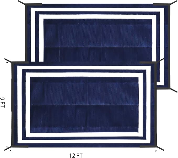 9'x 12' Outdoor Rug,Waterproof Reversible Patio Rugs,9x12 ft Plastic Straw Outdoor Carpet Foldable Plastic Camping Mat for Outside RV, Patio,Picnic,Camper,Balcony,Porch(Navy Blue &White)