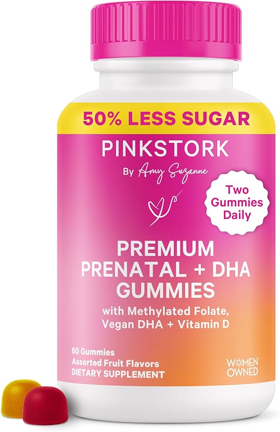 Pink Stork Premium Prenatal Gummy Vitamins with DHA, Folate, and Vitamin D - Multivitamin and Nutrient Blend for Neural Tube and Fetal Brain Development - Pregnancy Must Haves - 60 Vegan Gummies