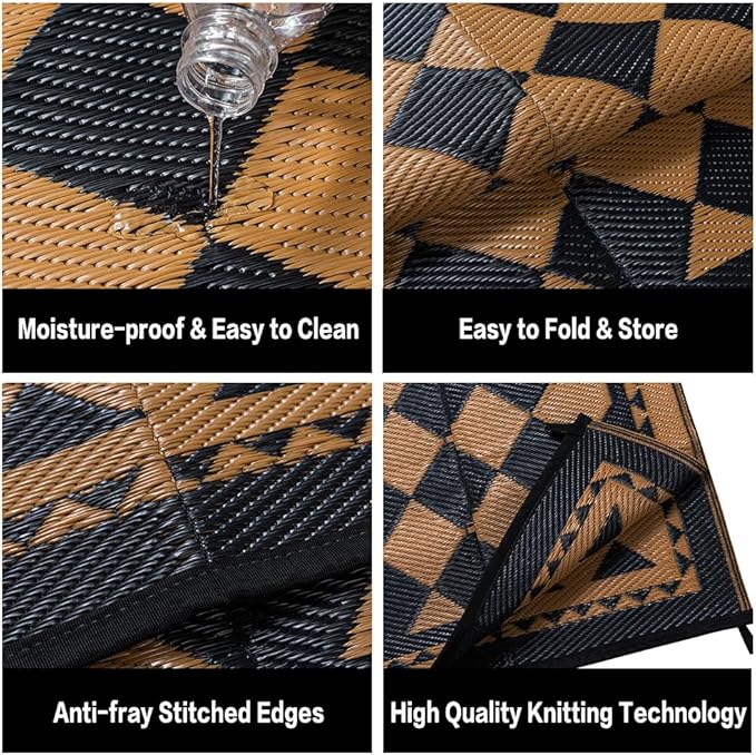 Outdoor Waterproof Rug 6'x9' Plastic Straw Rugs Washable Reversible Floor Mat Brown Plaid Carpet for Camping RV Deck Entryance Porch Picnic Balcony Beach Backyard