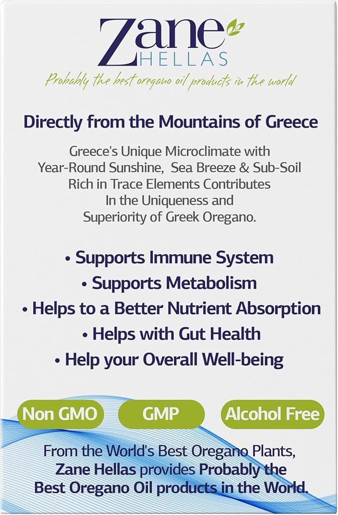 Zane Hellas Oregano Oil Softgels. Extra Strength. Every Softgel Contains 20% Greek Essential Oil of Oregano. 100 mg Carvacrol per Softgel. 60 Softgels.
