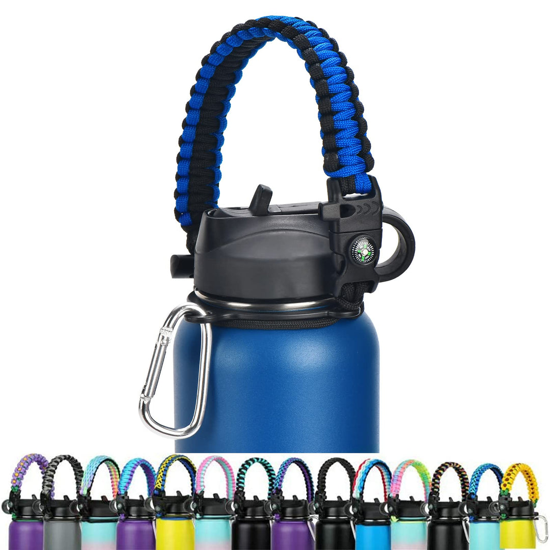 WEREWOLVES Paracord Handle - Fits Wide Mouth Bottles 12oz to 64oz - Durable Carrier, Paracord Carrier Strap Cord with Safety Ring,Compass and Carabiner - Ideal Water Bottle Handle Strap (Black/Blue)