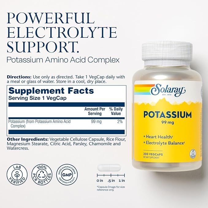 Solaray Potassium 99 mg - Electrolyte Balance Formula - Potassium Supplement for Electrolytes, Vascular and Heart Health Support - 60-Day Money Back Guarantee, Lab Verified, 200 Servings, 200 VegCaps