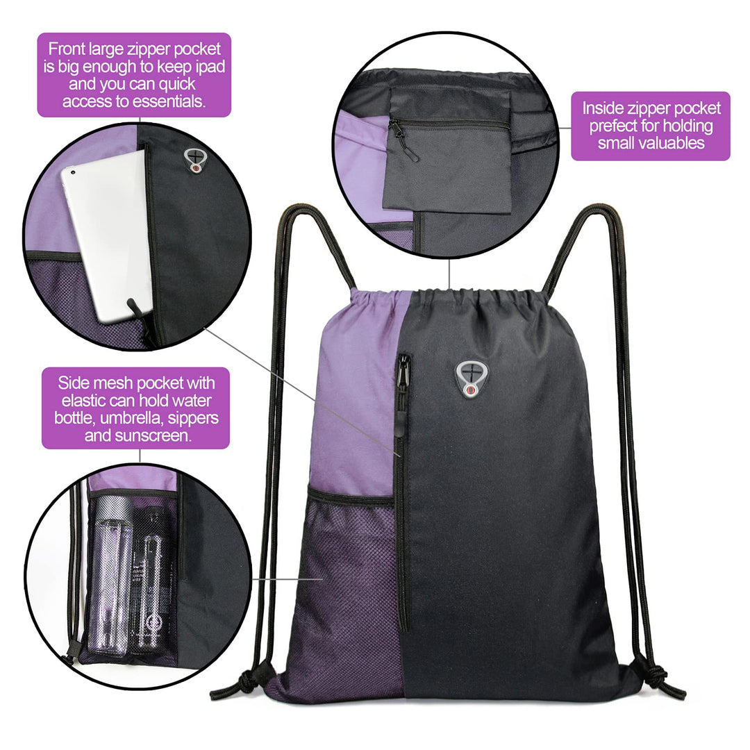 BeeGreen Lilac Drawstring Backpack Sports Gym String Backpack For Women Men Large Size Cinch Sack Workout Bag with Zipper and Water Bottle Mesh Pockets