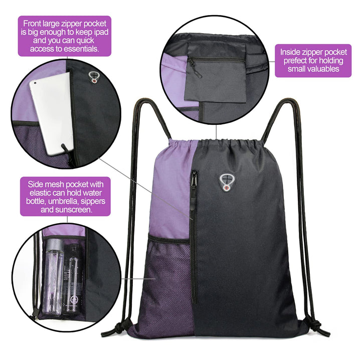 BeeGreen Lilac Drawstring Backpack Sports Gym String Backpack For Women Men Large Size Cinch Sack Workout Bag with Zipper and Water Bottle Mesh Pockets