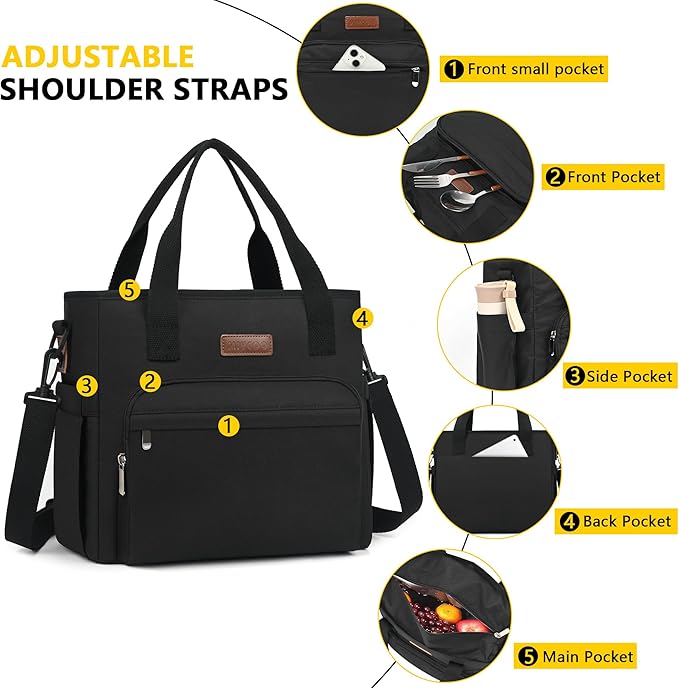 MIYCOO Lunch Bag Lunch Box Men Women - Leakproof Insulated Cooler Bag for Men Women - Large Tote Adults, Black