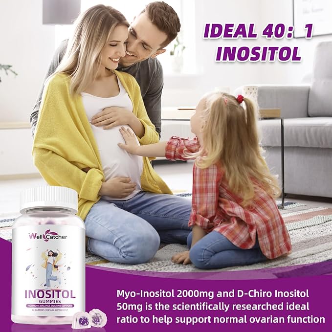 Inositol Gummies Myo-Inositol & D-Chiro Inositol Ideal 40:1 Ratio Inositol Supplement with Omega-3 Vitamin D3 Supports Healthy Ovulation Cycle Regularity Grape Flavor 2 Packs