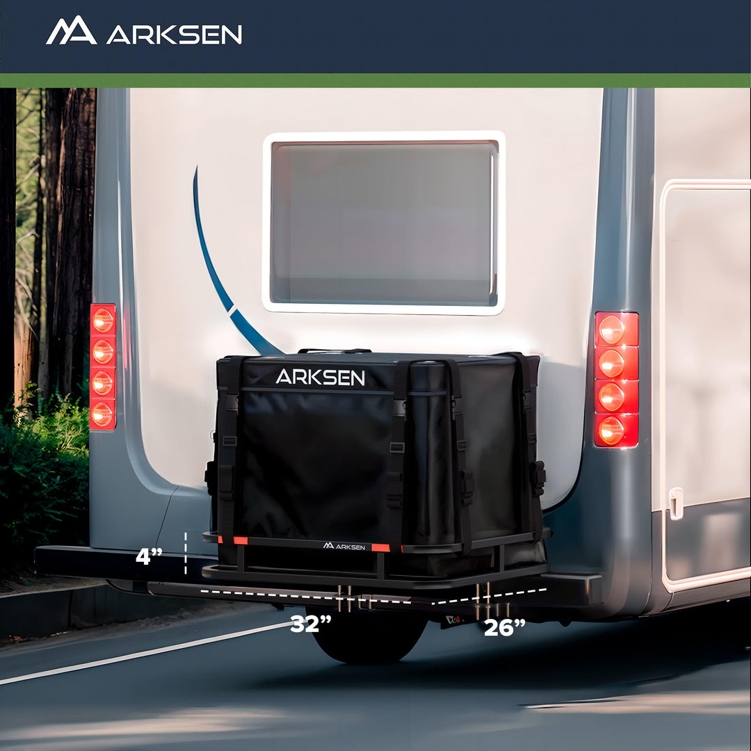 ARKSEN 32 x 26 Inch Bumper Mounted Cargo Rack Carrier 350 Lbs Heavy Duty Capacity Luggage Basket Hitch Fold Up for RV, Camping, Traveling