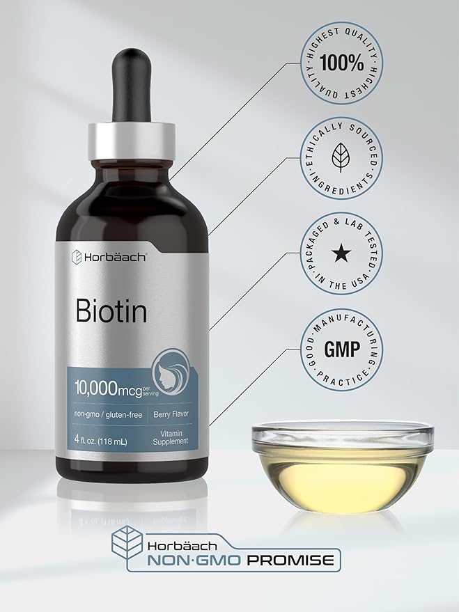 Horbäach Biotin Liquid Drops 10000mcg | 4 fl oz | Berry Flavor | Vegetarian, Non-GMO & Gluten Free Supplement