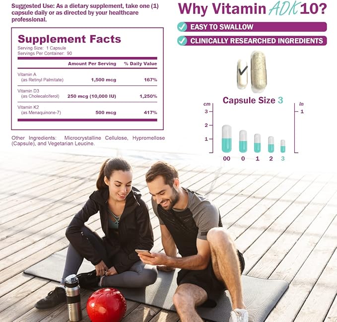 ADK 10 Supplement - Potent A, K2 & D3 Vitamin Supplement 10000 IU for Bone, Heart & Immune Support - 90 Count Easy-to-Swallow Vitamin ADK Supplement Capsules (3 Month Supply)