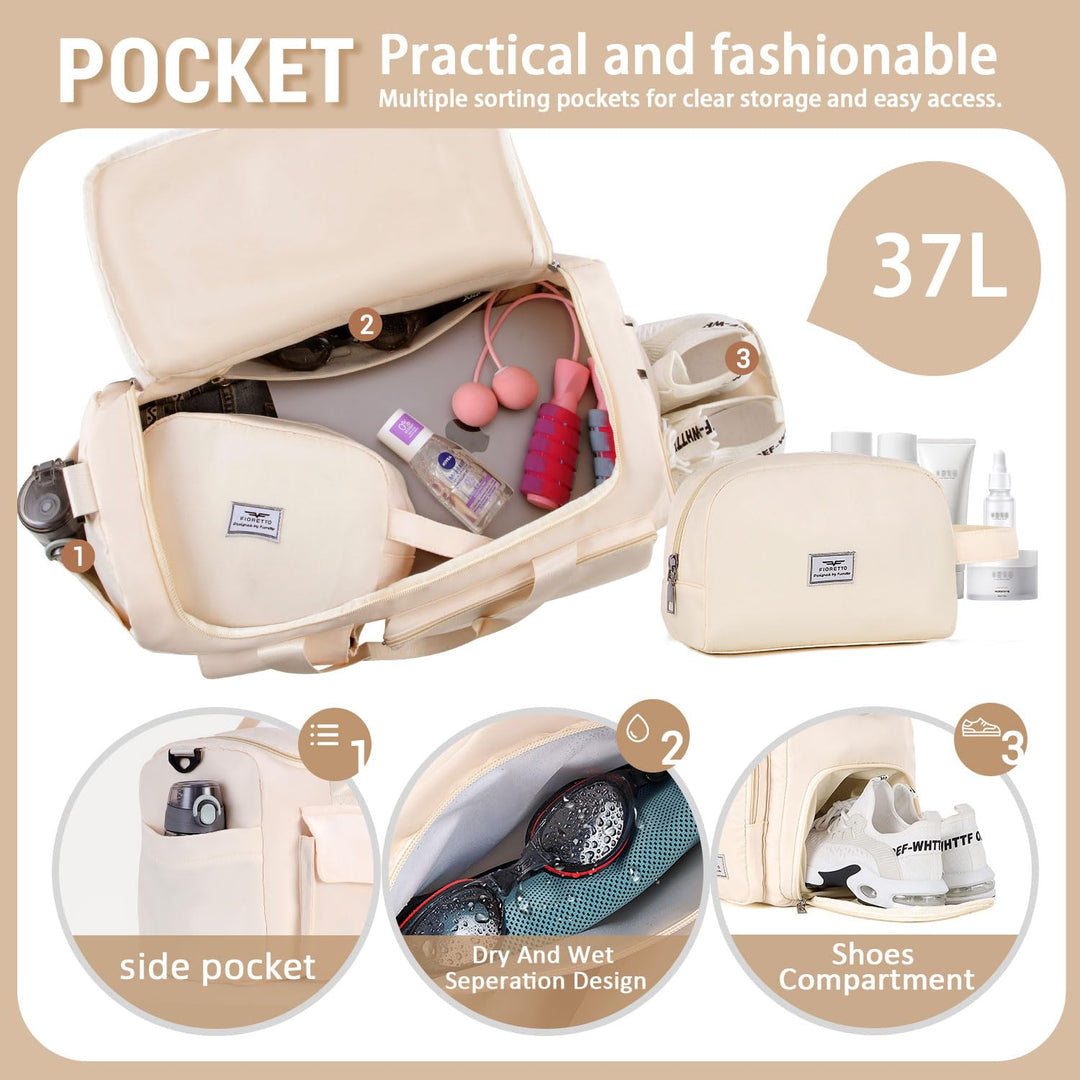 FIORETTO Women's Water-Resistant Gym Duffle Bag with Shoes Compartment, 37L Capacity, Multi-Functional, Ideal for Travel, Gym, Sports, Weekender, with Toiletry Bag, Beige