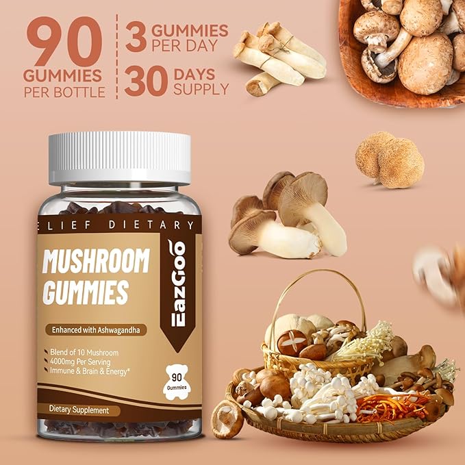 Mushroom Gummies Supplement - with Ashwagandha, Lions Mane, Shitake Mushrooms, Turkey Tail, Chaga, and Cordyceps Mushroom for Immune Health, Mood & Stress Support (90 Gummies)