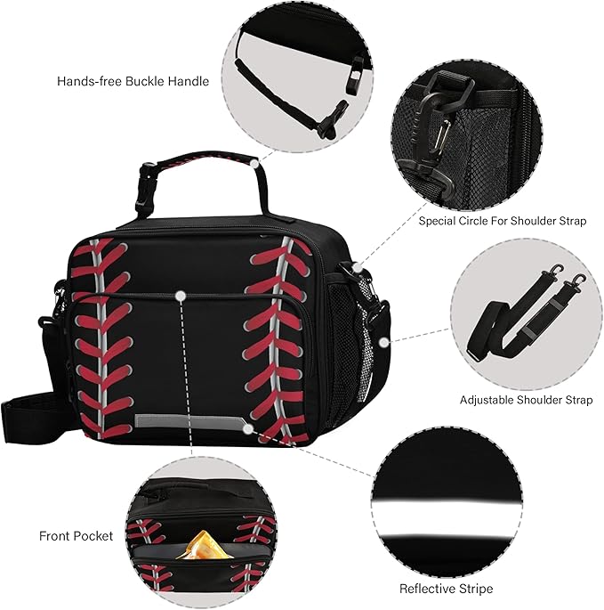 Baseball Lunch Bag Insulated Black Lunch Box Cooler Cooling Tote Food Container for Adults Men Women