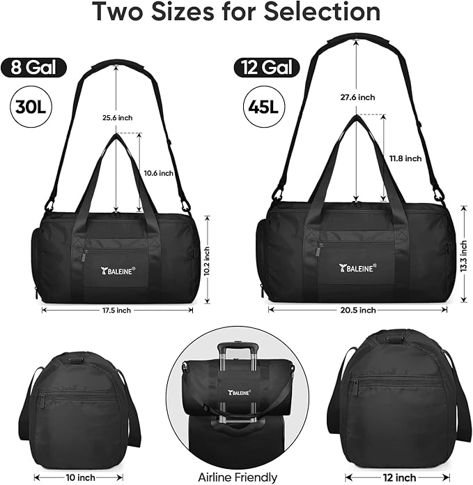 BALEINE Gym Bag for Women and Men, Small Duffel Bag for Sports, Gyms and Weekend Getaway, Waterproof Dufflebag with Shoe and Wet Clothes Compartments, Lightweight Carryon Gymbag (Black)