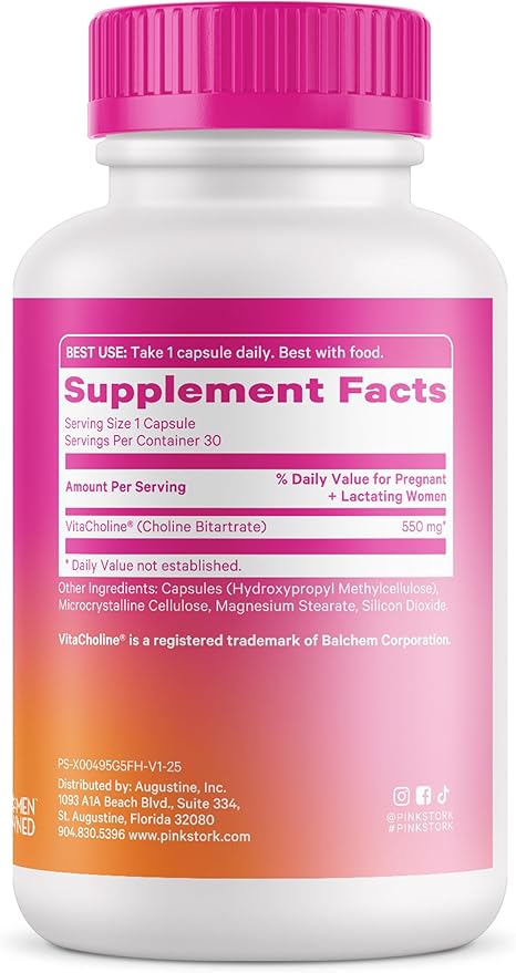 Pink Stork Choline - 550 mg Choline Bitartrate from VitaCholine for Pregnant + Postpartum Moms - Prenatal Vitamin for Fetal Cognitive Health + Breast Milk Quality - 1 Capsule Daily, 30 Count