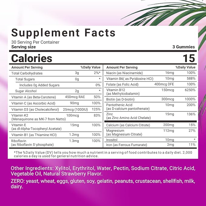 Multivitamin for Women Gummies, Methylated Multivitamins Gummies w/Iron, Vitamin D3 & K2, Calcium