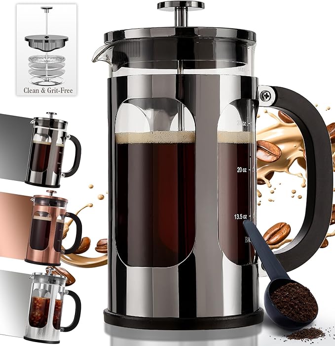 BAYKA French Press Coffee Maker 34 Ounce 1 Liter, Borosilicate Glass Stainless Steel Brewer, Large Portable Cold Brew Cafetera Teapot for Kitchen Travel Camping Coffee Bar Accessories, Dark Pewter