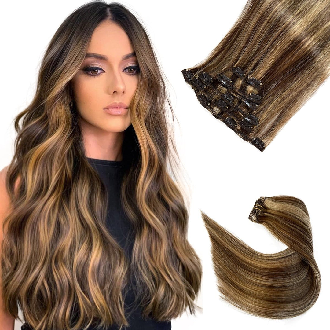 Clip In Hair Extensions,Remy Human Hair Chocolate Brown To Caramel Blonde Highlights Extensions Clip Ins 18Inch Straight Double
