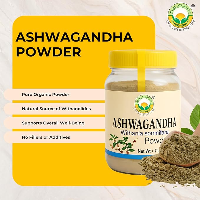 BASIC AYURVEDA Ashwagandha Powder | Pure Withania Somnifera Root | Natural Adaptogen for Daily Routine | Use in Juices, Shakes, Herbal Recipes | 7.05 Oz (200g)