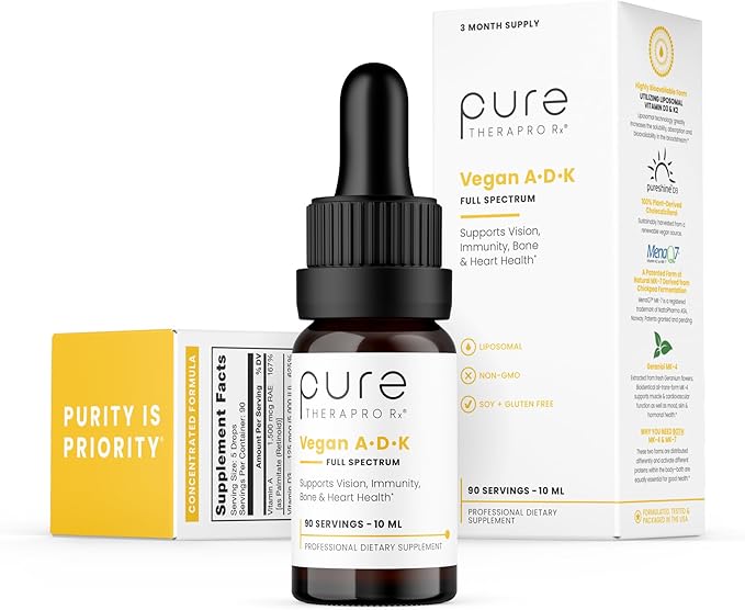 Pure TheraPro Rx Vegan A-D-K Drops 10 Ml, Made in USA | 3 Month Supply | Vitamin A (Palmitate), Liposomal Vitamin D3 (Pureshine), Liposomal Vitamin K2 (MK-4 & MK-7) Supports Immunity & Bone Health