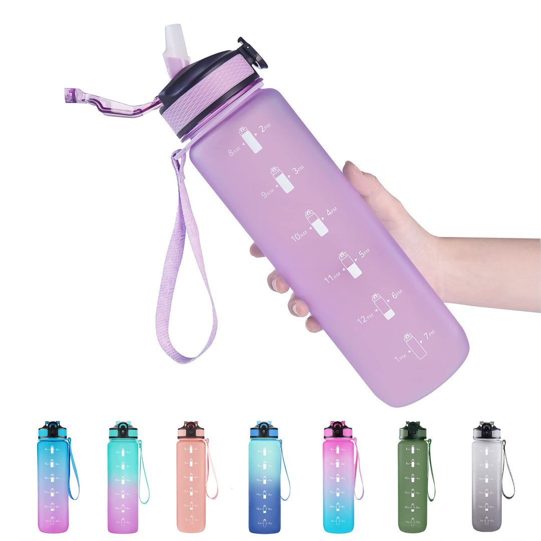 EYQ 32 oz Water Bottle with Time Marker, Carry Strap, Leak-Proof Tritan BPA-Free, Ensure You Drink Enough Water for Fitness, Gym, Camping, Outdoor Sports (Light Purple)