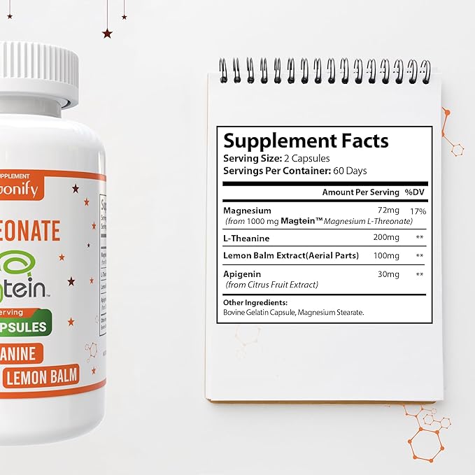 Magtein Magnesium L Threonate Supplement with L Theanine, Lemon Balm and Apigenin, High Absorption 120 Purified Veggie Capsules, 1400 mg, Gluten Free, Non-GMO, Vegetarian
