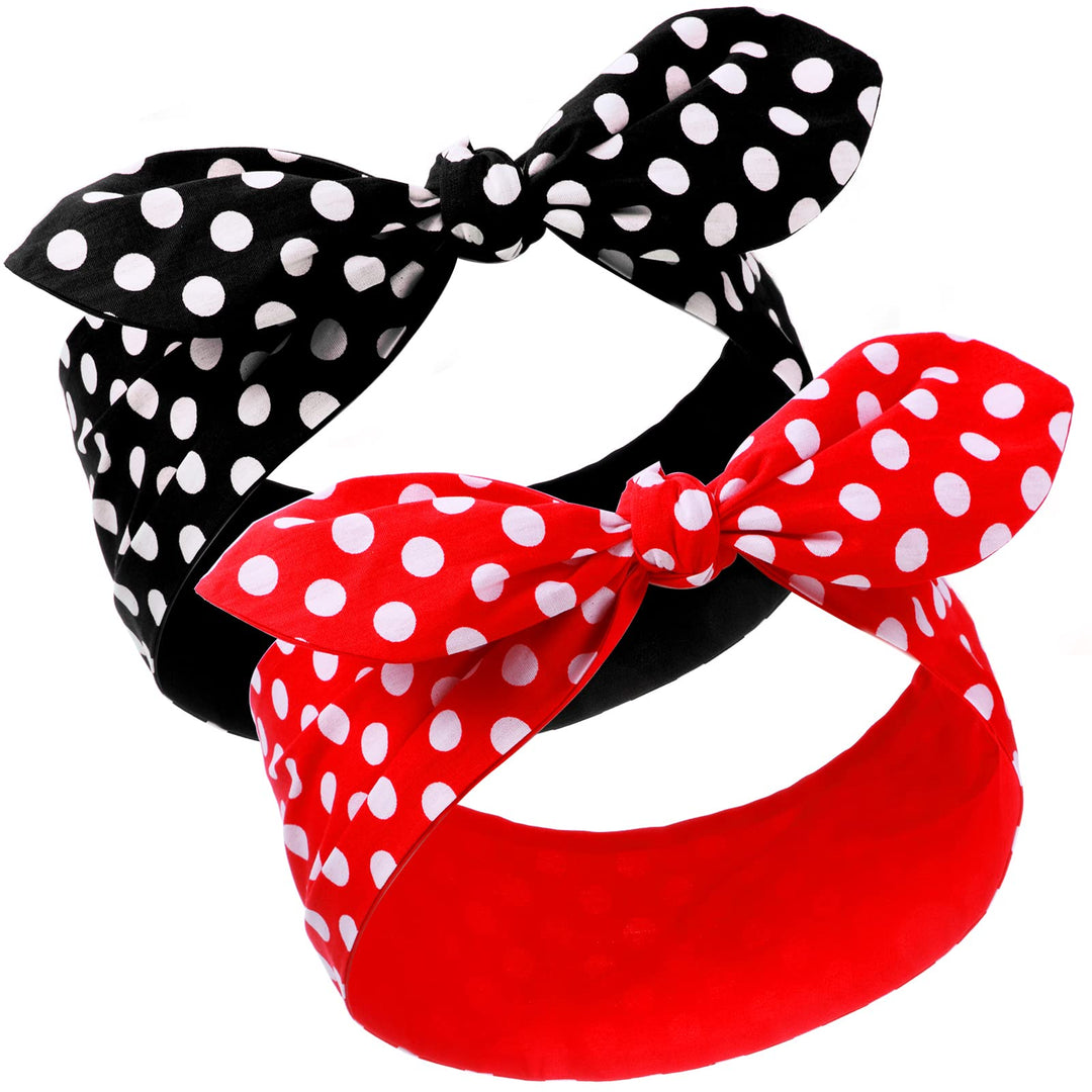 2 Pieces Polka Dot Headband Bandana Headband 50S Costume Hair Accessories Bows Wide Headwrap For Women And Girls (Red, Black,Big
