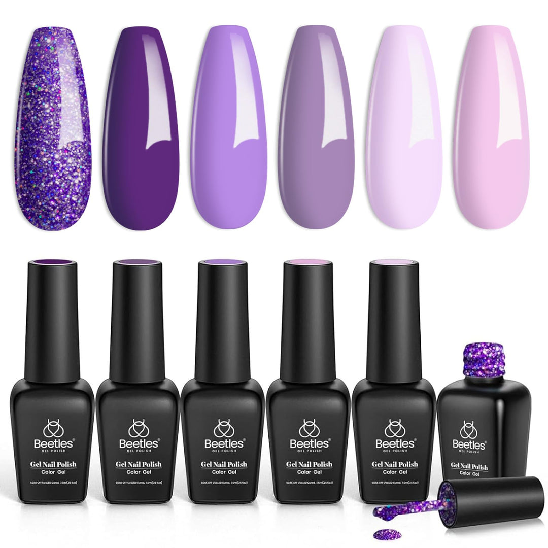 Beetles Purple Gel Nail Polish Set, 6 Colors Gel Polish Purple Glitter Pastel Pink Lavender Nail Polish Soak Off U V Led Gel Nai