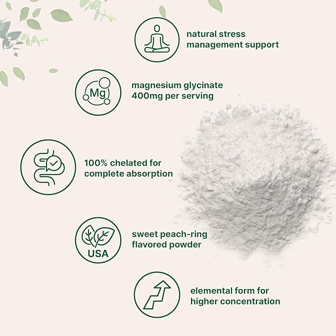 Magnesium Glycinate Powder for Sleep & Relaxation, 12oz (56 Servings) | 400mg of Highly Bioavailable Magnesium Glycinate | Healthy Muscle, Bones & Mood Support - Sweet Peach Ring Flavor, Sugar Free