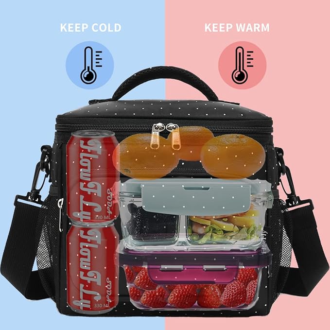 FlowFly Insulated Reusable Lunch Bag Adult Large Lunch Box for Women and Men with Adjustable Shoulder Strap,Front Zipper Pocket and Dual Large Mesh Side Pockets,Dot