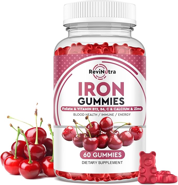 Iron Gummies with Zinc, Calcium, Vitamin C, B6 & B12 | Iron Supplement for Women, Men & Kids | Supports Anemia & Deficiency, Blood Builder & Cell Formation | Chewable Cherry Flavor | 60 Gummies
