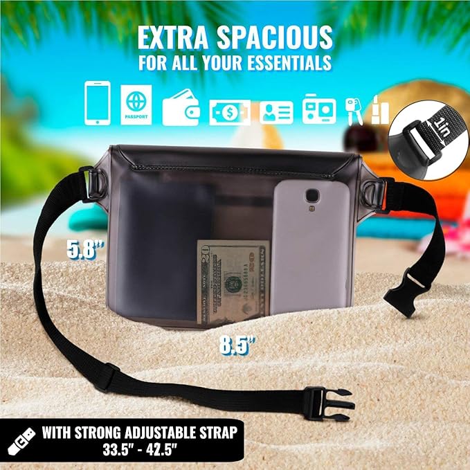 AiRunTech Waterproof Pouch with Waist Strap (2 Pack) | Adjustable Waterproof Dry Fanny Bag for Boating Swimming Kayaking Surfing | Beach Cruise Travel Accessories Essentials Vacation Must haves
