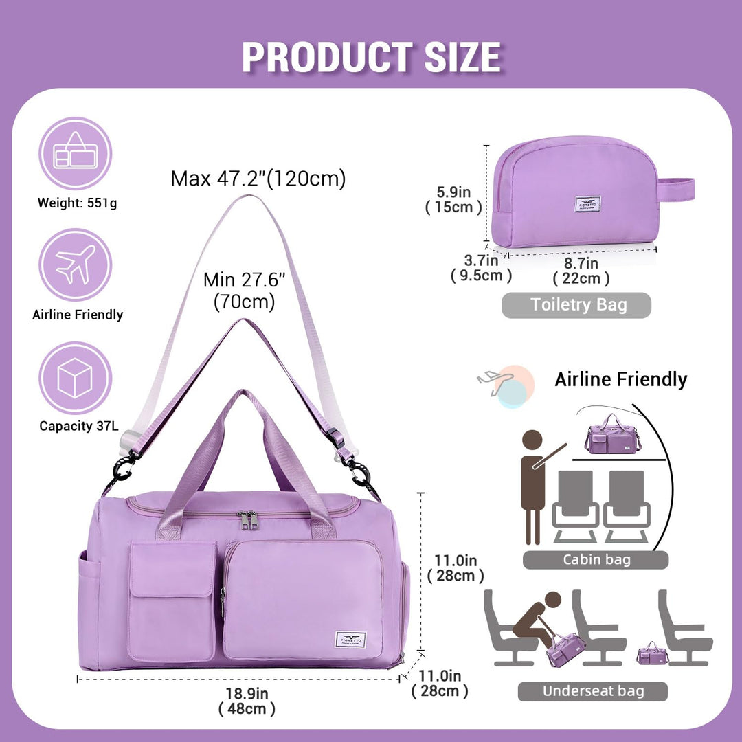 FIORETTO Women's Water-Resistant Gym Duffle Bag with Shoes Compartment, 37L Capacity, Multi-Functional, Ideal for Travel, Gym, Sports, Weekender, with Toiletry Bag, Pulple