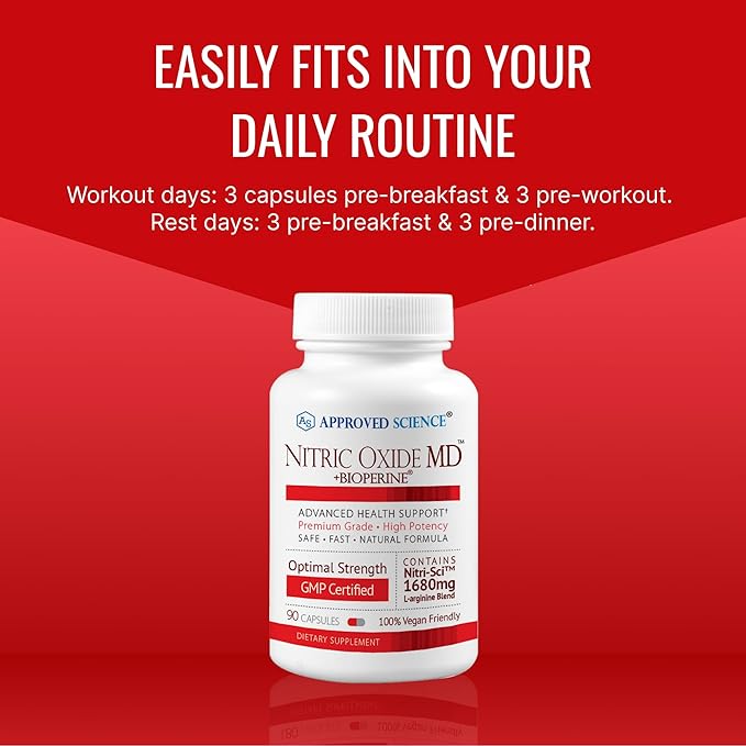 Approved Science Nitric Oxide MD - Muscle Development, Lean Body Mass, Improve Oxygen Supply, Boost Energy - 90 Capsules - 1 Bottle