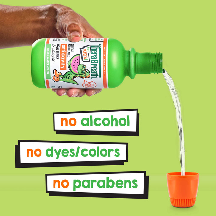 TheraBreath Kids Organic Wacky Watermelon Mouthwash with Fluoride, Anticavity, Dentist Formulated, 16 Fl Oz