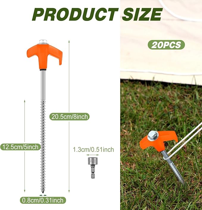 Hicarer 20 Pcs 8'' Screw in Tent Stakes Heavy Duty Ground Anchors Screw in Tent Pegs Ground Stakes Tent Spikes Metal Tent Spikes with Hex Head Driver for Camping Garden Canopies (Orange)