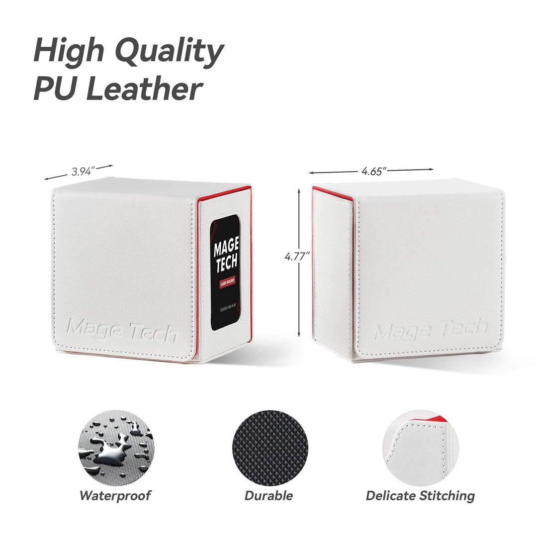 Mage Tech Card Deck Box for MTG Commander - Patented Design, Commander Display, Fits 100 Double-Sleeved Cards, 35pt Card Brick & Dice Tray - White/Red