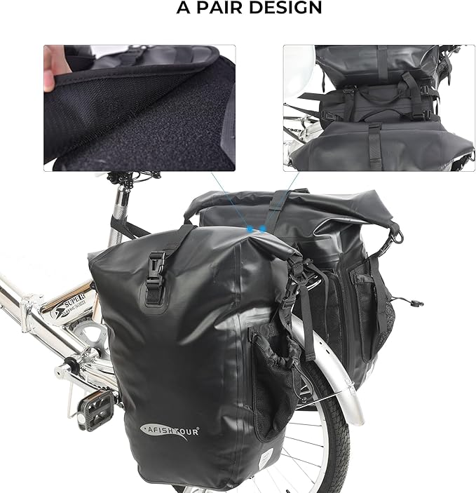 Waterproof Bike Panniers - 50L Saddle Bags for Bicycles Rear Rack - Bike Bag for Grocery, Laptop (Black, 1 Pair)