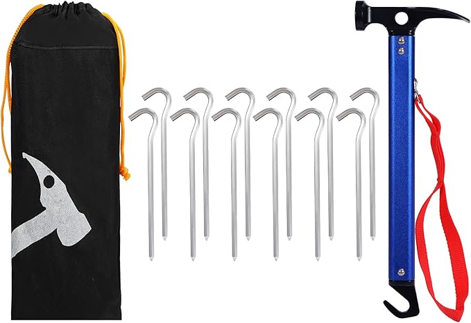 REDCAMP Aluminum Camping Hammer with Hook, 12" Portable Lightweight Multi-Functional Tent Stake Hammer for Outdoor,Black/Red/Orange/Blue