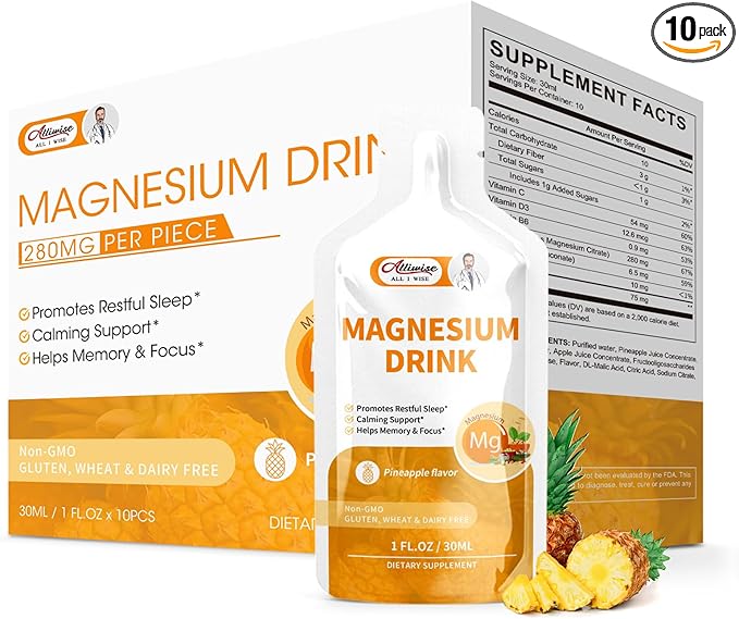 Magnesium Citrate Liquid Magnesium Drink Oral Solution with Vitamin, Zinc & Sodium Bromelain, Essential Magnesium Supplement Support Immune, Bone Health and Zzz, Pineapple Flavor, 10 Fl Oz