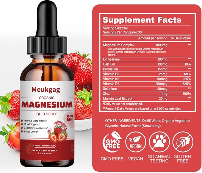 Magnesium Glycinate Liquid - 1000mg Liquid Magnesium Complex Supplement with Bromelain, D3, B6 & K2 - Magnesium Glycinate 500mg for Calm Mood/Muscle & Sleep, Strawberry Flavor, 2fl Oz