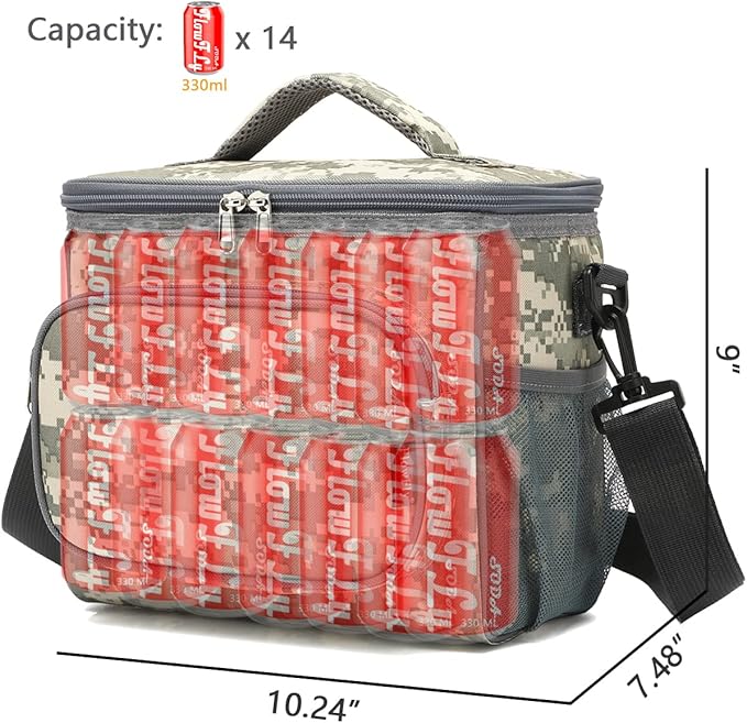 FlowFly Insulated Reusable Lunch Bag Adult Large Lunch Box for Women and Men with Adjustable Shoulder Strap,Front Zipper Pocket and Dual Large Mesh Side Pockets,DigitalCamo