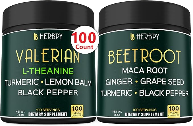 Bundle 5in1 Valerian Root Supplement & 6in1 Beet Root Capsules - Support Restful Night, Heart Health, Digestive and Immune