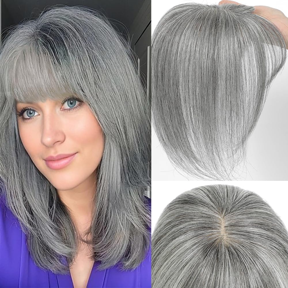 Hair Toppers for Women Real Human Hair, 3D Cover Clip in Bangs Realistic Scalp Line Human Hair Toppers for Women with Thinning Upgrade Basement with French Bangs (Gray02, French)