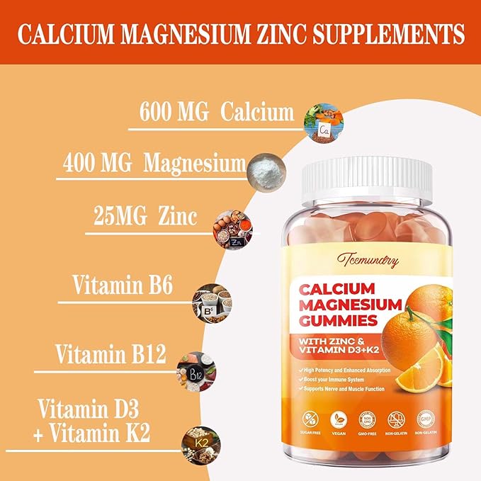 Calcium Magnesium Zinc Gummies with Vitamin D3 & K2 - High Absorption Magnesium Glycinate 400mg - Sugar Free Calcium Supplement - Support Nerve Muscle Mood & Immunity - for Adults Men Women Kids