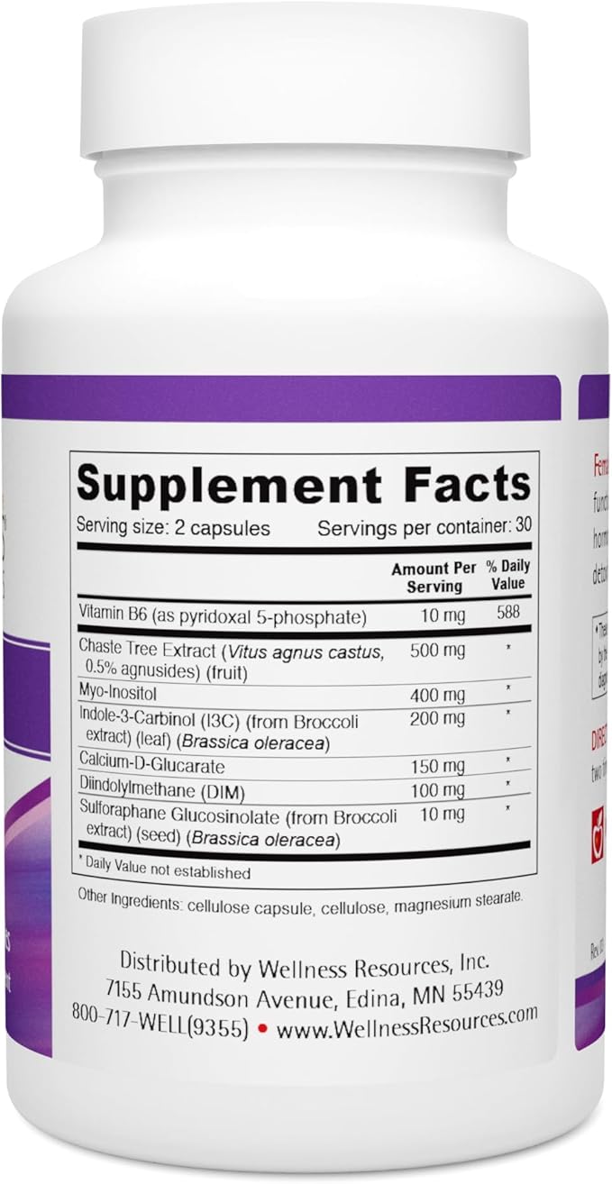 Wellness Resources Female Plus for Healthy Estrogen Metabolism, Menstrual Rhythm Support, Energy and Mood - Chaste Berry, I3C, DIM, Calcium-D-Glucarate, B6, Myo-Inositol, Sulforaphane (60 Capsules)