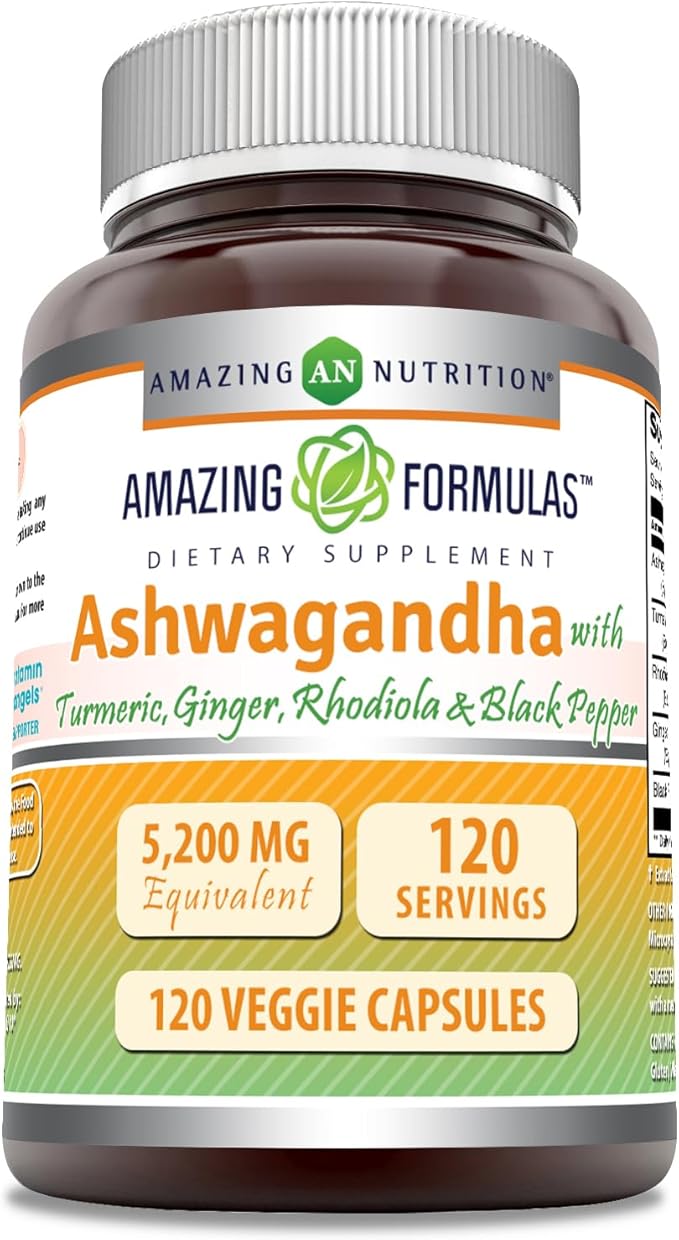 Amazing Formulas Ashwagandha Supplement | Contains Turmeric, Ginger, Rhodiola, & Black Pepper | 5200 Mg Per Serving | Veggie Capsules | Non-GMO | Gluten-Free | Made in USA (1 Pack, 120 Count)