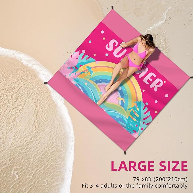 Beach Blanket Waterproof Sandproof Large Beach Mat 79" X 83" for 2-4 Adults Sand Free Mat Quick Drying,Lightweight & Durable with 4 Stakes & 4 Corner Pockets for Beach Travel Camping.(Pink)