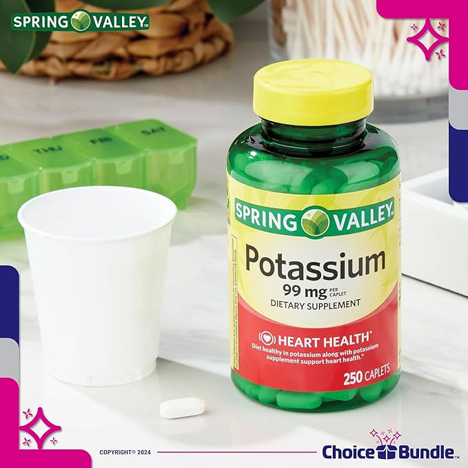Spring Valley Potassium Heart Health Dietary Supplement Caplets 99 mg 250 CT 2 pk (500 Total) + “Vitamin Vitality” Guide & Keychain Pill Container (4 Items)!