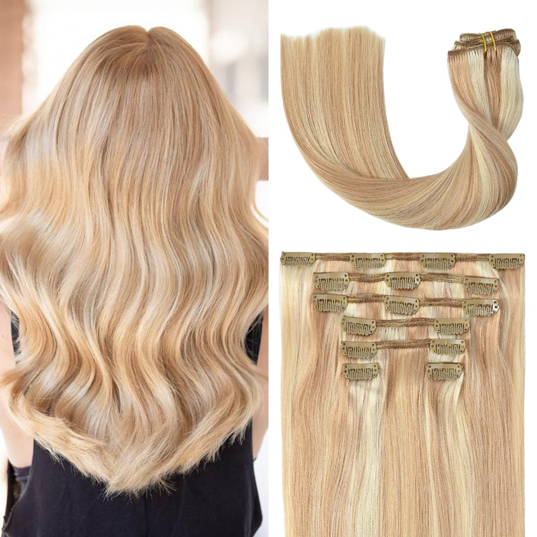 Ugotrays Clip In Hair Extensions Real Human Hair Strawberry Blonde Highlighted Golden Blonde Human Hair Extensions 18 Inch 70G 7